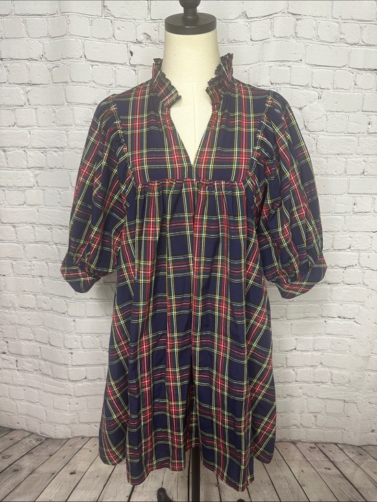 entro Dresses & Skirts - Entro Navy Plaid V Neck Puff Sleeve Babydoll Mini Dress S Small